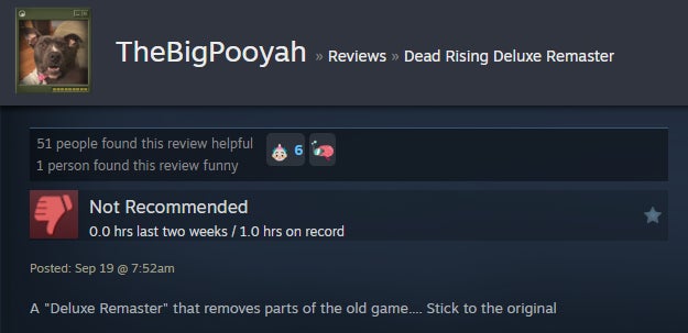 Image from the Dead Rising Deluxe Remastered article, based on Steam reviews